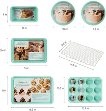 Load image into Gallery viewer, Rorence Bakeware Set Nonstick: Cookie Sheet, Rectangular Cake Pan, 2 Round Cake Pans, Muffin Pan, Loaf Pan &amp; Cooling Rack - Set of 7 - Mint Green
